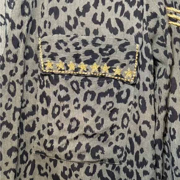 🌻 Z&L Anthropologie Olive Animal Print Gold Embroidered Women's sz Small Blouse - Picture 4 of 14